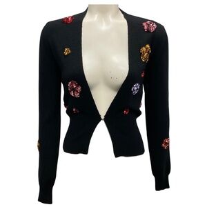 LE SUPERBE BLACK MULTI FLORAL SEQUINED CASHMERE KNIT CARDIGAN SWEATER